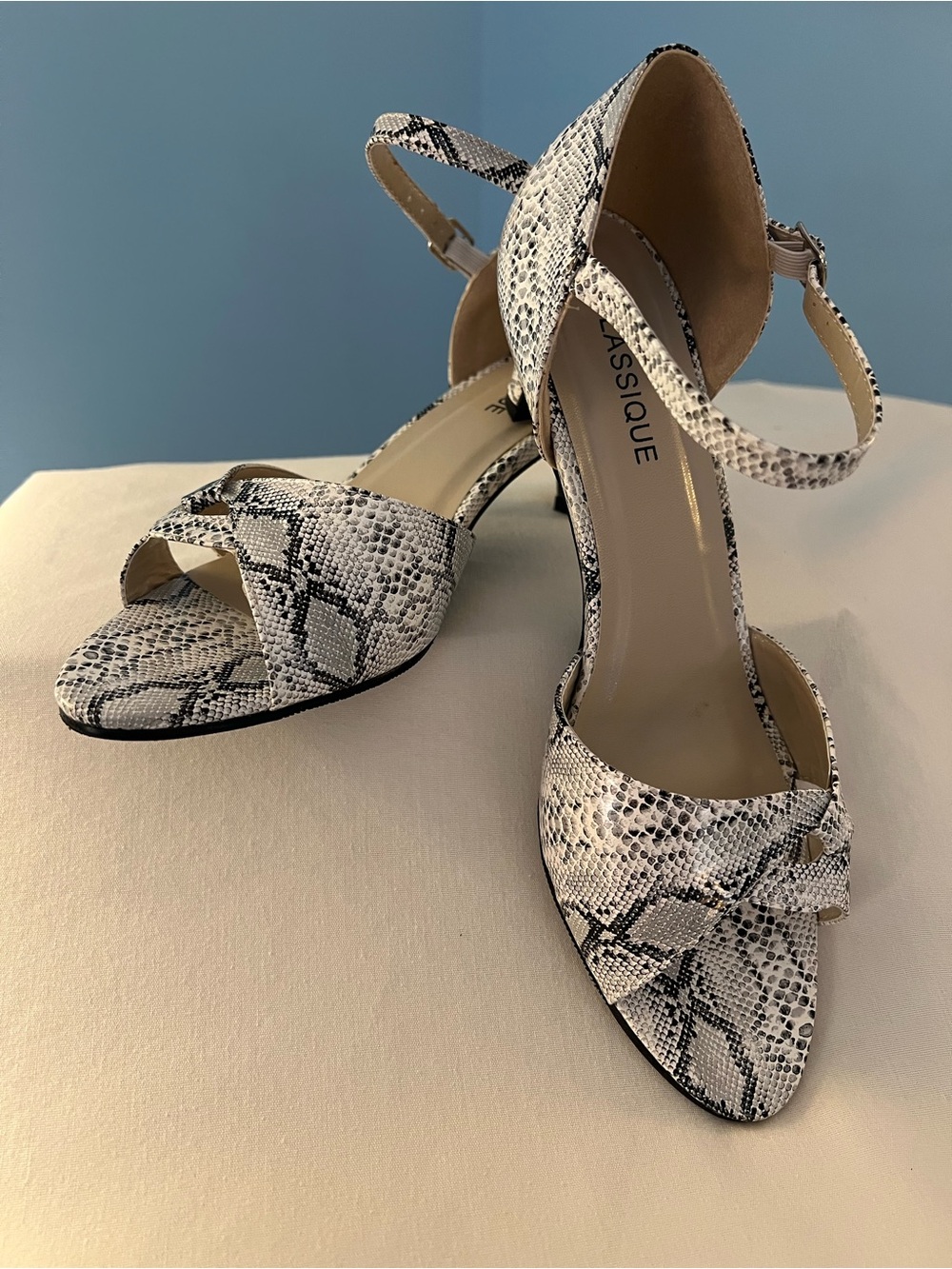 White Snake Print Ankle-Strap Heels